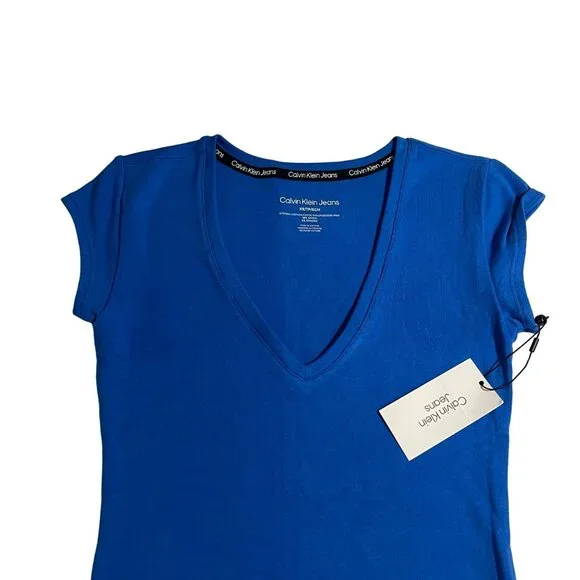 Calvin Klein Jeans Women's Cap-Sleeve V-Neck Bodysuit - Blue, Size XS, NWT - Picture 3 of 12